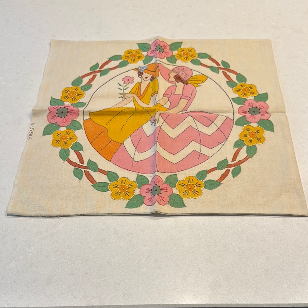 Vintage Floral pillow cover mid century  with Pink and Yellow women,embroidered